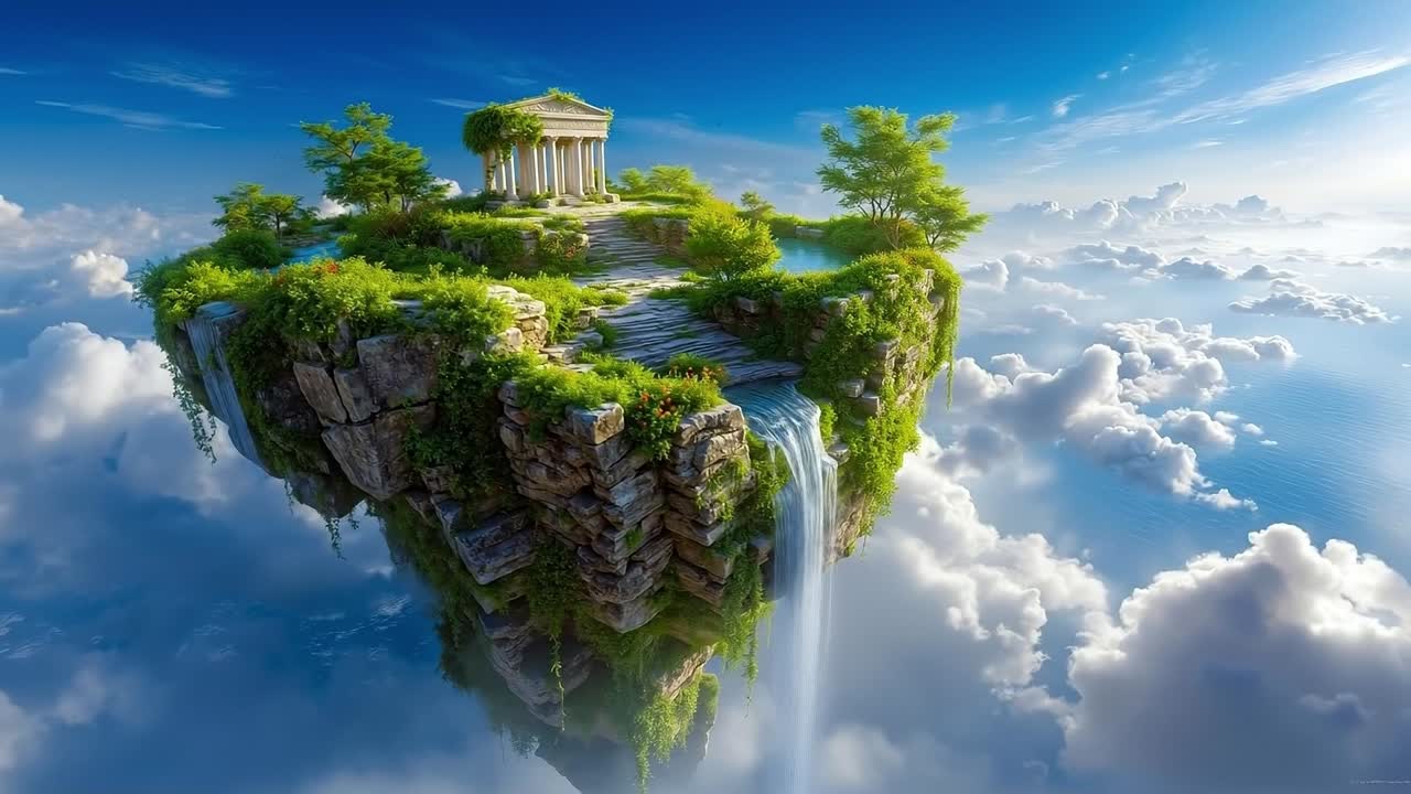 A small island in the middle of a body of water surrounded by clouds