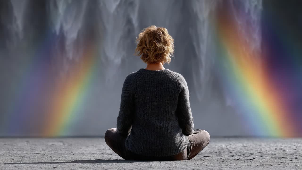 A Meditative Moment: Embracing Tranquility While Observing a Stunning Rainbow Against a Backdrop of Cascading Water, Signifying Serenity and Connection to Nature