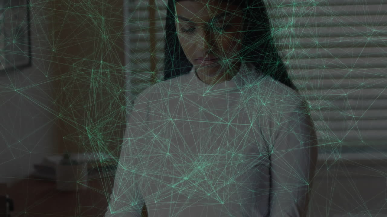 Network of connections and data processing animation over person using tablet