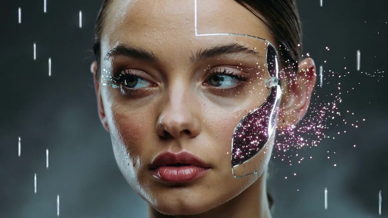 Facing adult woman in studio, HUD overlay appearing and scanning beam revealing cheek prosthetic