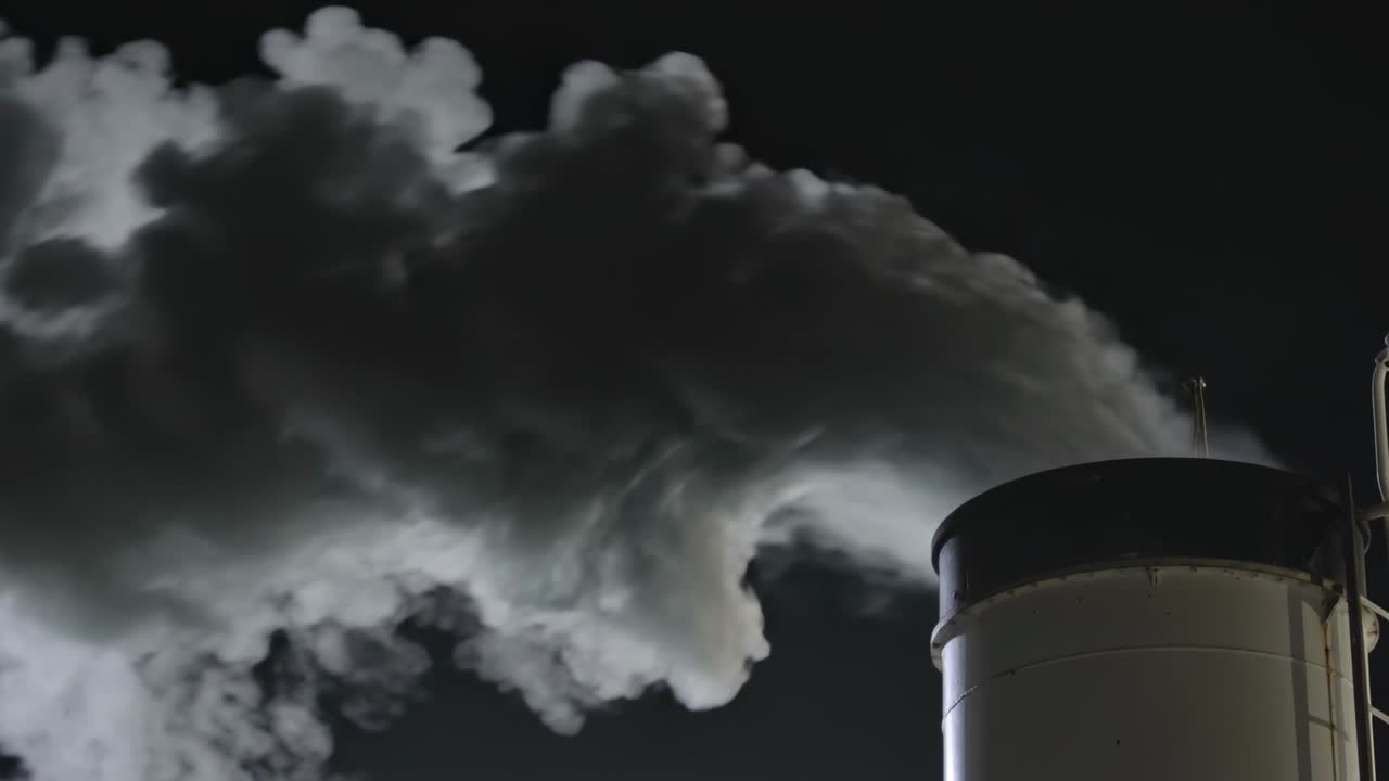 Humo denso emanando de una chimenea industrial de noche