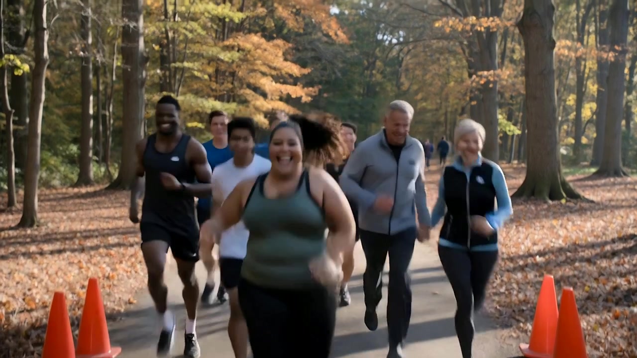 Donna curvy che corre in abbigliamento sportivo, in testa a un gruppo di corridori, si avvicina a coni e tappeto per il cronometraggio su un sentiero del parco.