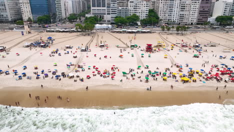 aerial view of sunbathers and beach umbrellas on world famous copacabana beach