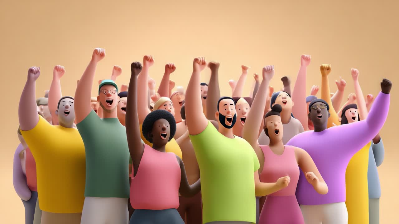 A diverse group of animated characters enthusiastically celebrating and cheering, expressing joy and excitement with raised fists in a vibrant and colorful scene capturing the essence of unity
