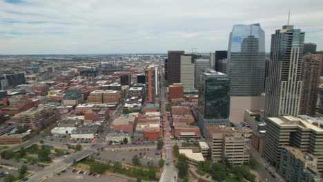 Drone-panning-over-the-skyline-of-Downtown-Denver,-Colorado,-USA