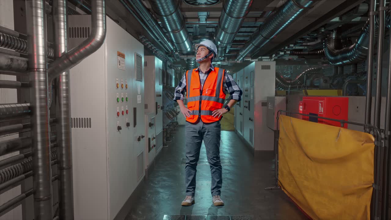 Full Body Of Asian Male Engineer Wearing Safety Helmet Looking Around While Standing With Arms Akimbo In Engine Control Room, Work Of Electrical Generators