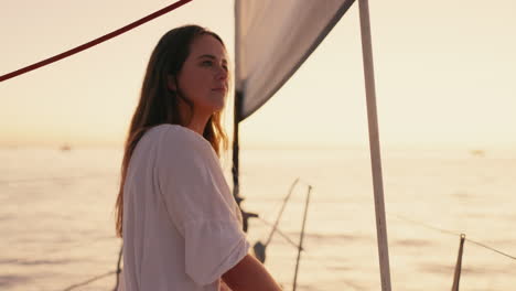 travel, relax and sunset with woman on yacht