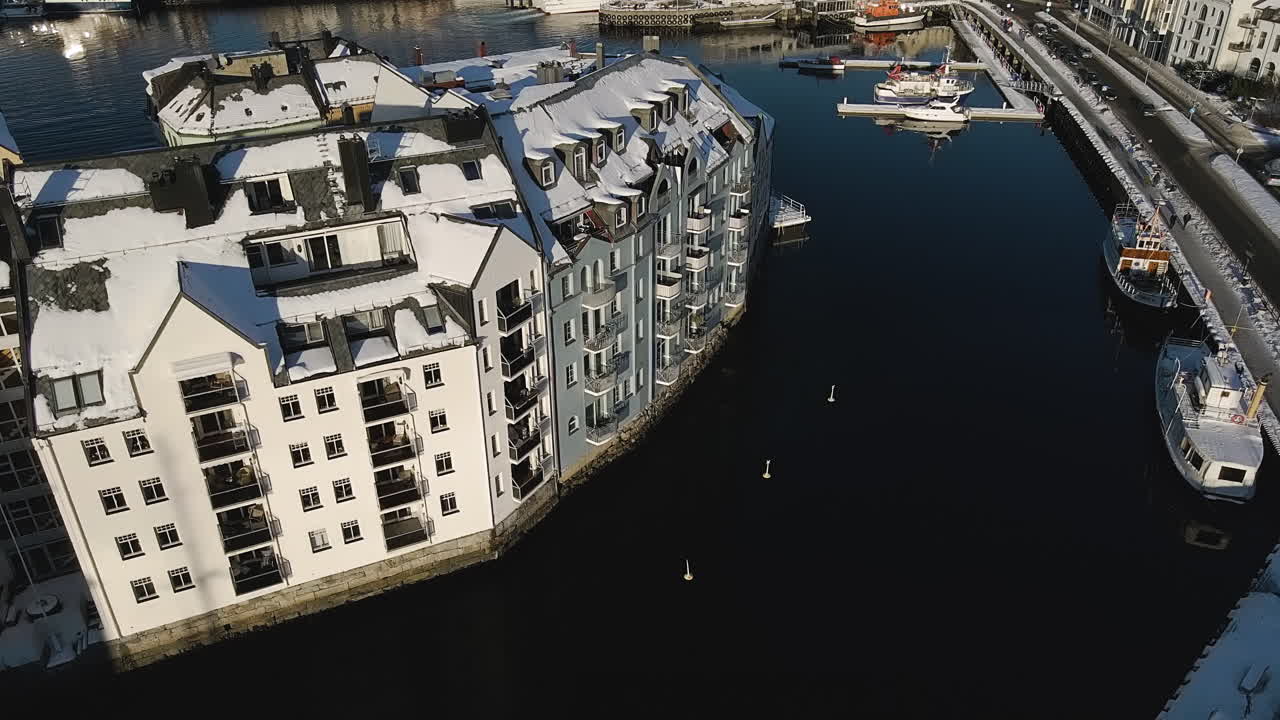 Sjobua Seafood Restaurant At The Port Town Of Alesund In Norway. aerial