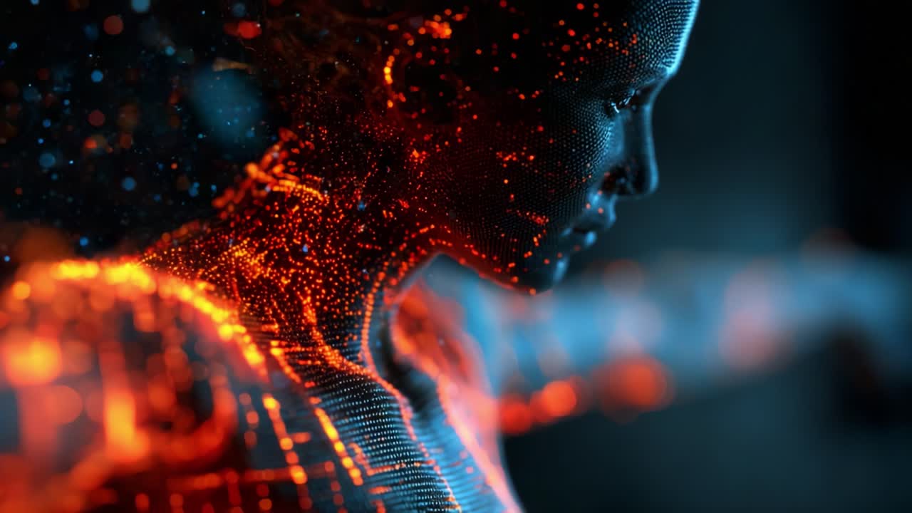 A stunning visual representation of a digital human figure composed of dynamic particles, showcasing intricate details and captivating color contrasts in a mesmerizing 3D environment
