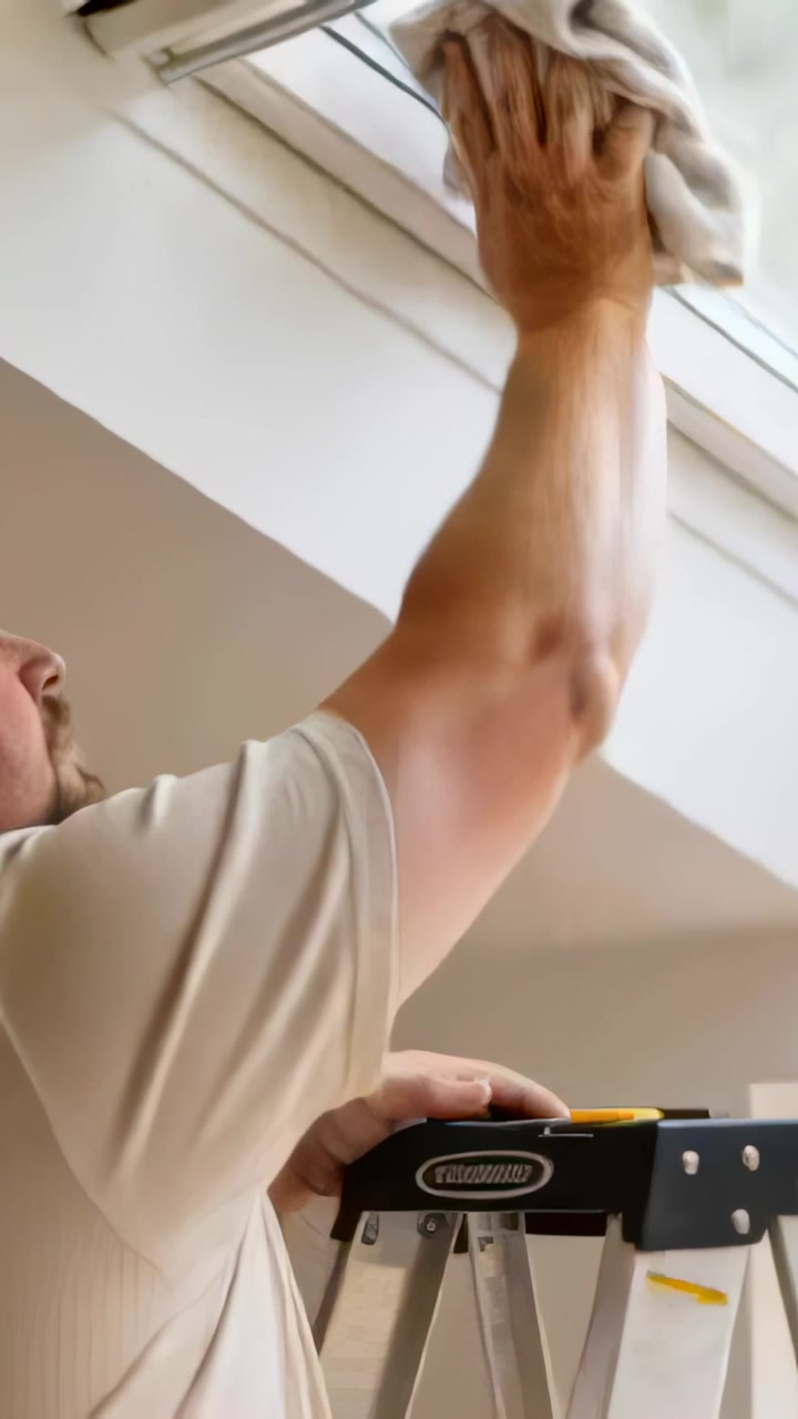 Vertical video: Climbing ladder, man wiping skylight with rag for cleaning at home, tee, copy space