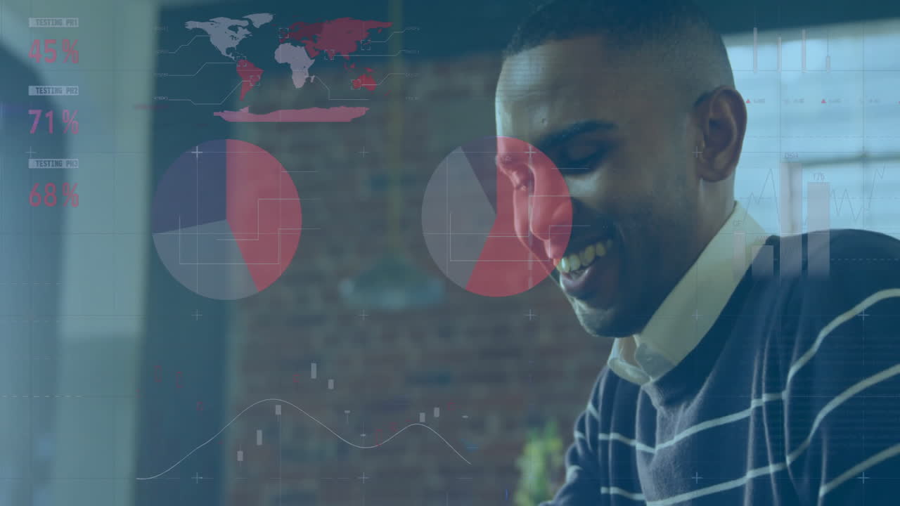 Animation of financial data processing over african american man using smartphone