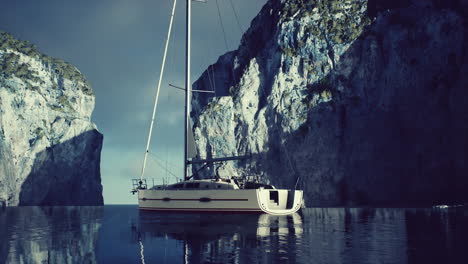 yacht in the sea with greeny rocky island