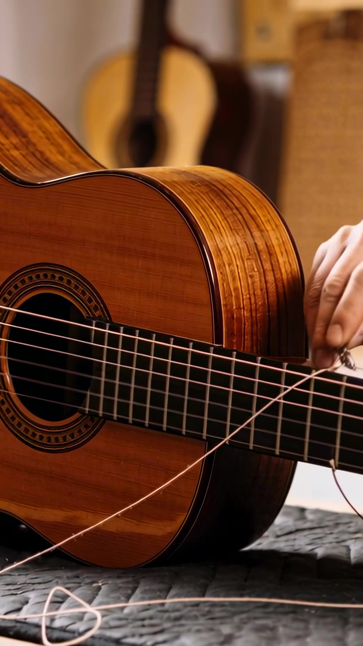 Vídeo vertical: Mão com blusa azul ajustando corda solta de violão clássico no estúdio, encordoando.