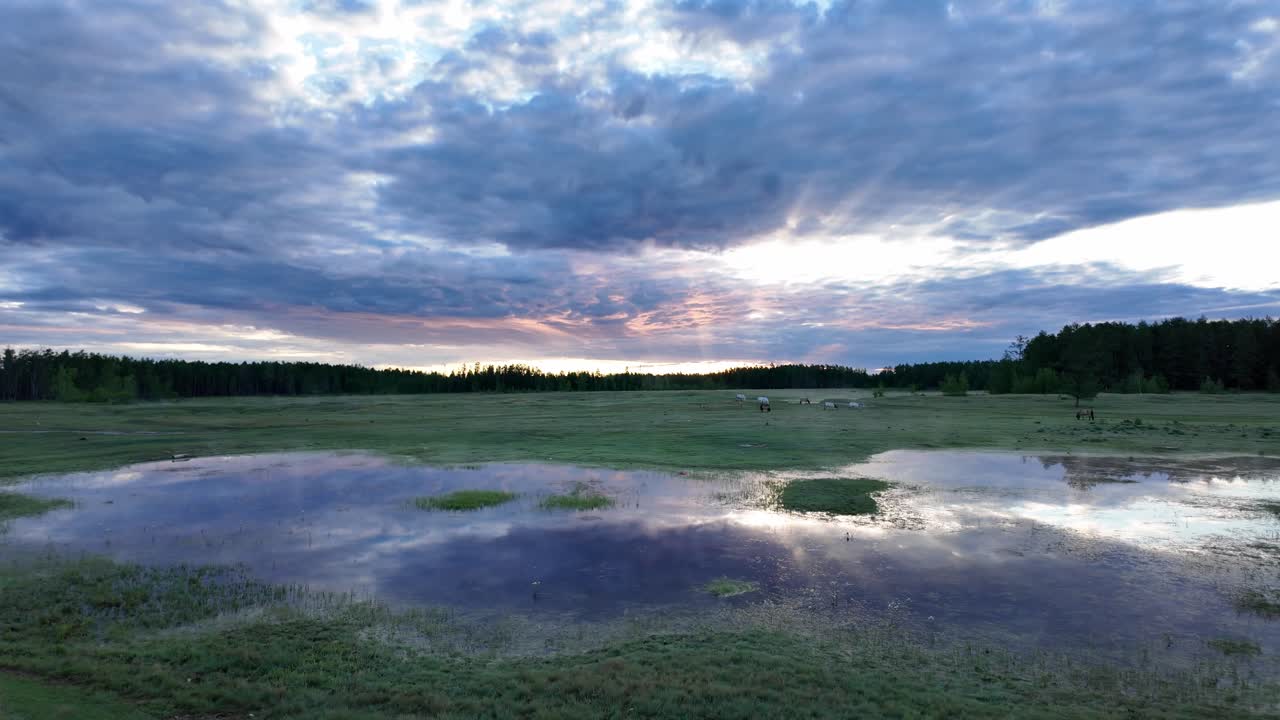 un hermoso paisaje nocturno con nubes que se reflejan en un campo de agua