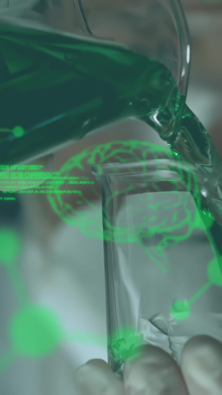 Vertical video: Lab tech pouring green gel into glass tube, causing AR code, brain nodes analyzing