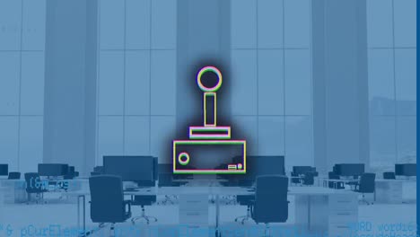 animation of retro joystick icon with coding against chairs and computers at office
