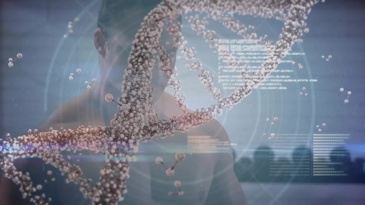 Homem de camisa clara em laboratório surgindo enquanto uma hélice de DNA aparece, girando com HUD para pesquisa.