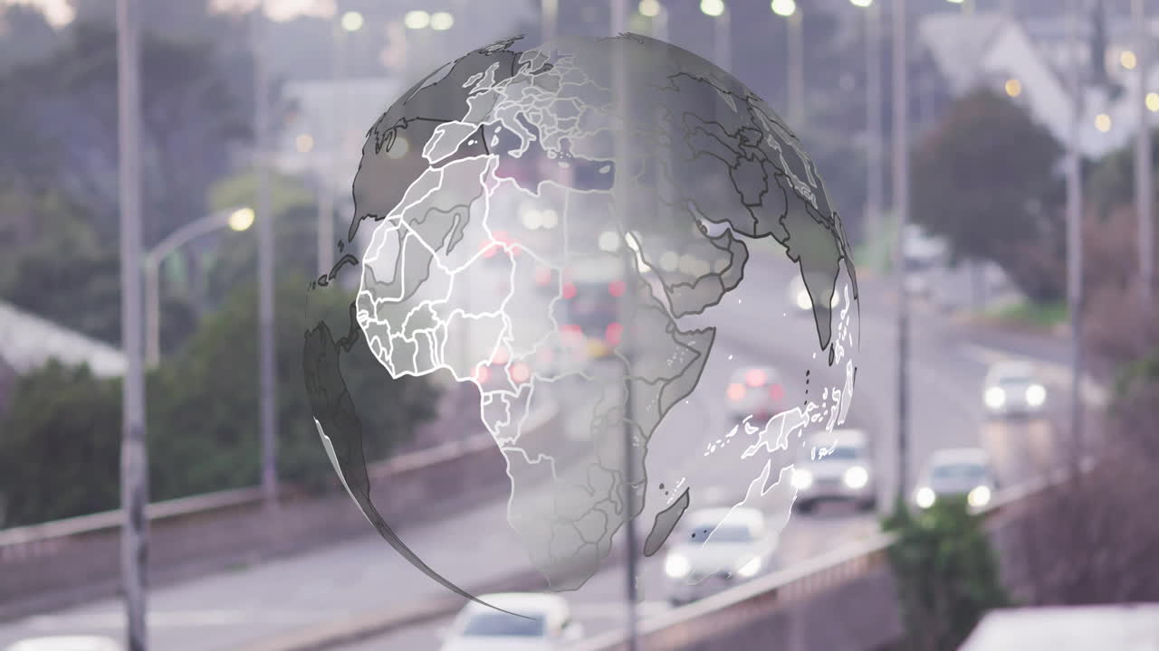 자동차와 스트리트 라이트가 있는 바쁜 고속도로 위의 글로브 애니메이션