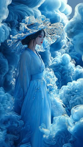 elegant woman in blue gown surrounded by ethereal blue clouds