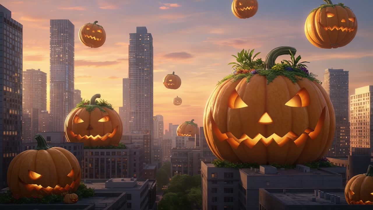 A Spooky Cityscape Transformed by Floating Halloween Pumpkins Illuminates the Skyline, Merging Festive Spirit with Urban Enchantment at Dusk
