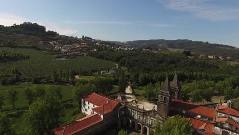 Flying-Over-The-Beautiful-Ancient-Monastery-of-Pombeiro-in-Felgueiras,-Portugal