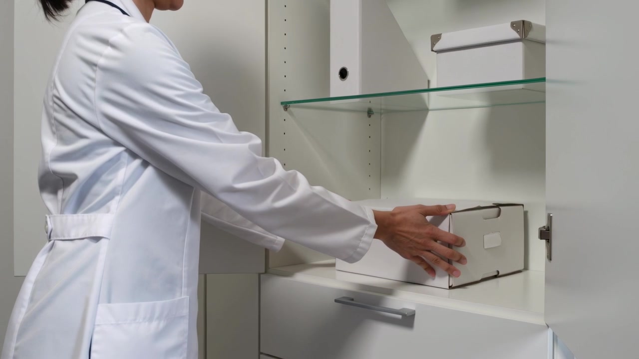Tecnico in camice da laboratorio con badge che si protende nell'armadietto, posiziona una scatola su uno scaffale della clinica per riporla, spazio per il testo