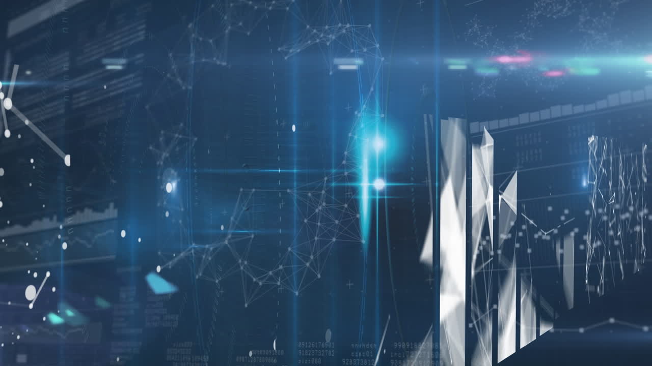 animación de puntos de luz y procesamiento de datos a través de una red de conexiones