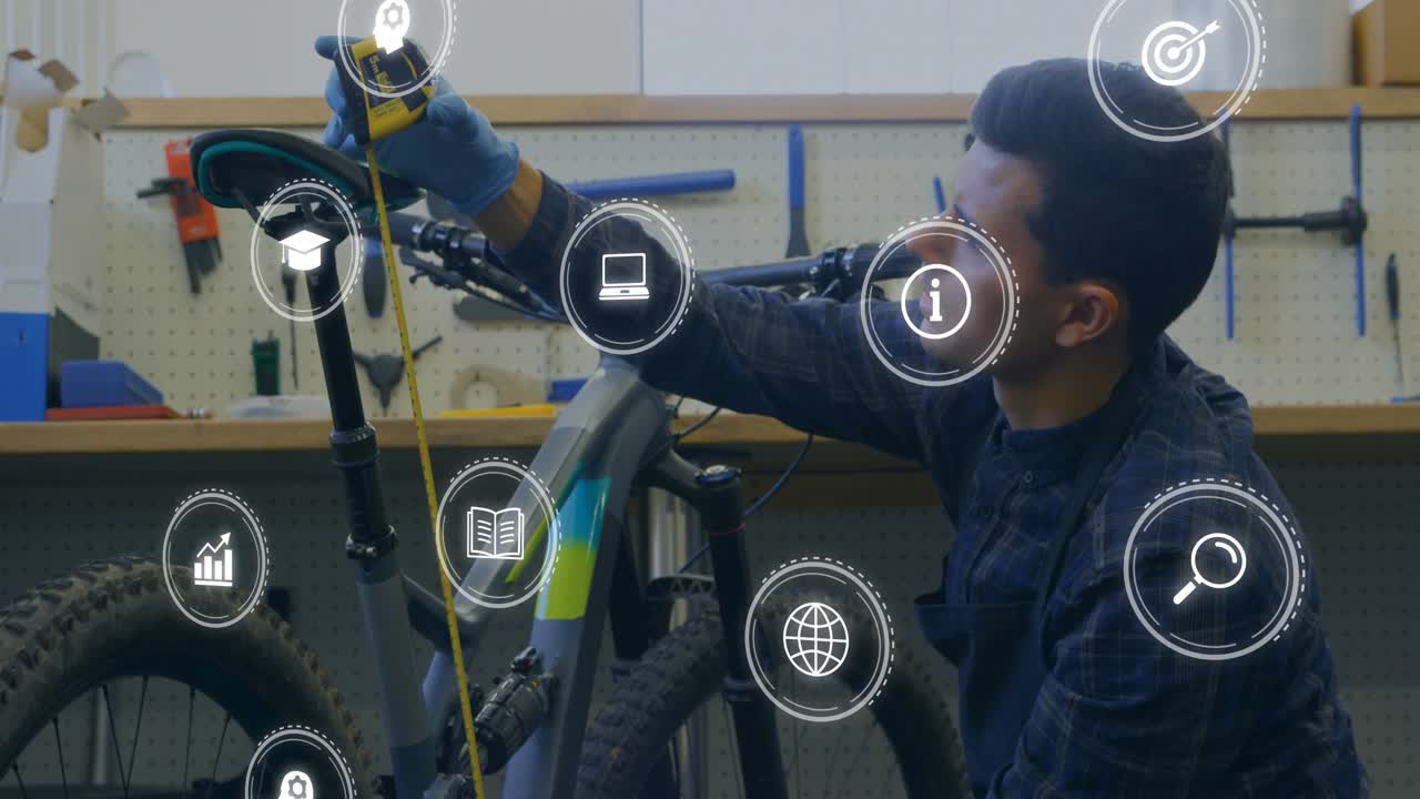 Man kneeling measuring seatpost with tape, adjusting saddle for bike fit, AR icons overlaying scene