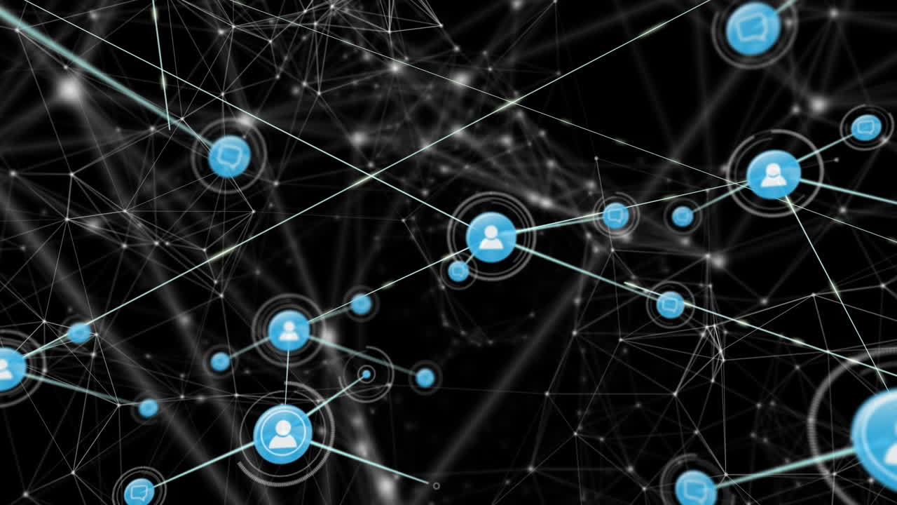 Animation of network of connections with icons with glowing spots