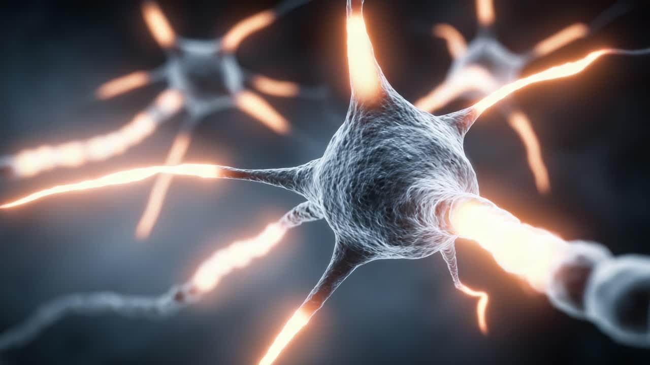 Intricate Neural Connections Showcased in Stunning Close-Up Visuals of Neurons Firing, Highlighting the Complexity of Synapses and Brain Activity in a Dark Background