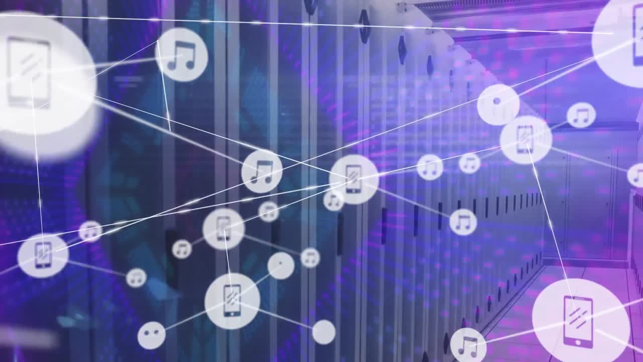 아이콘과 데이터 처리를 통해 컴퓨터 서버를 통해 연결 네트워크의 애니메이션