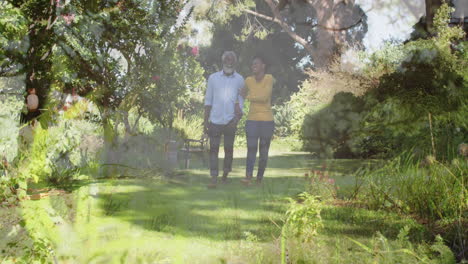 animation of grass over african american couple walking in garden