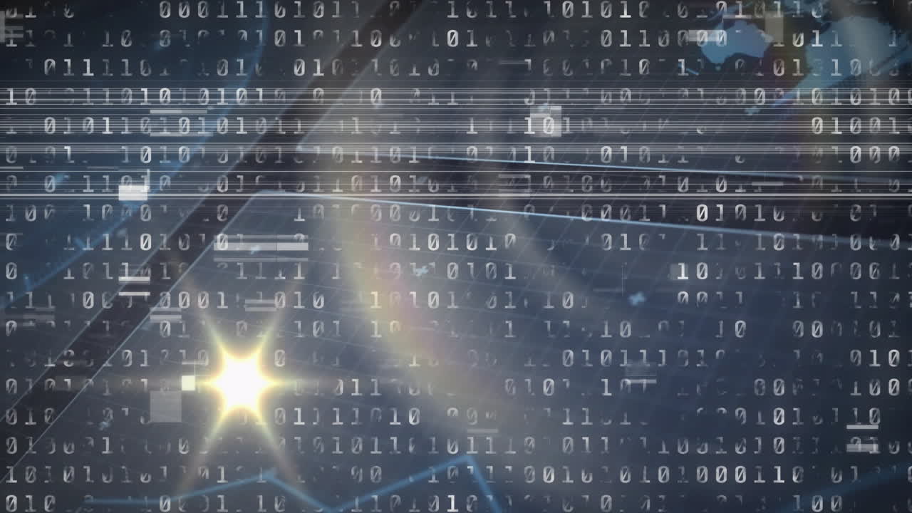 Binary code and digital data processing animation over abstract blue background