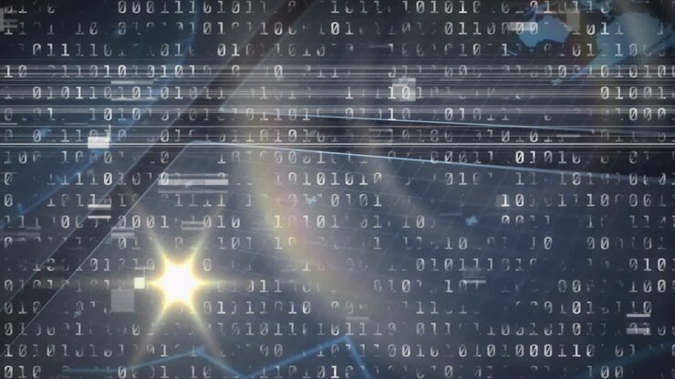 Binary code and digital data processing animation over abstract blue background