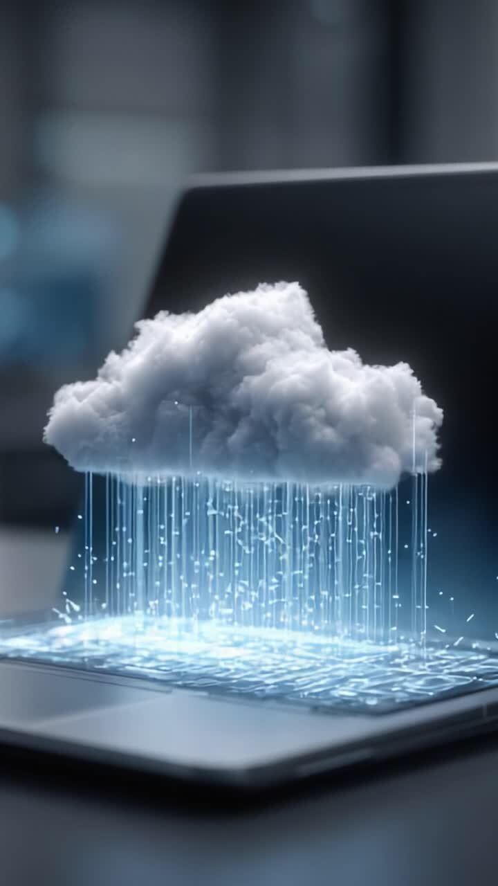 A Visual Representation of Cloud Computing: Digital Data Flowing from a Cloud Icon on a Laptop, Illustrating Technology's Impact on Modern Connectivity and Information Exchange