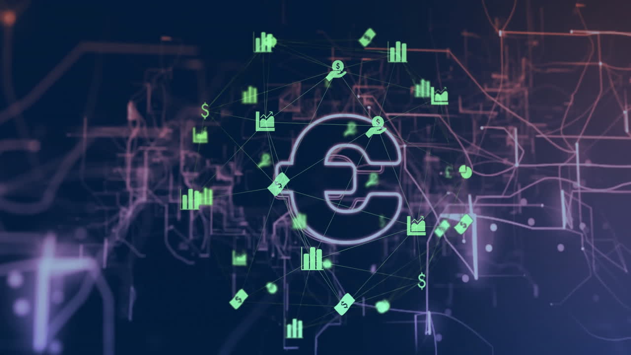 animación de la red de conexiones y el signo del euro