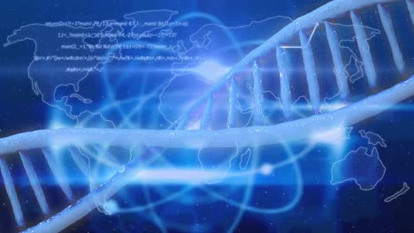 animation of dna strand and medical data processing over blue background