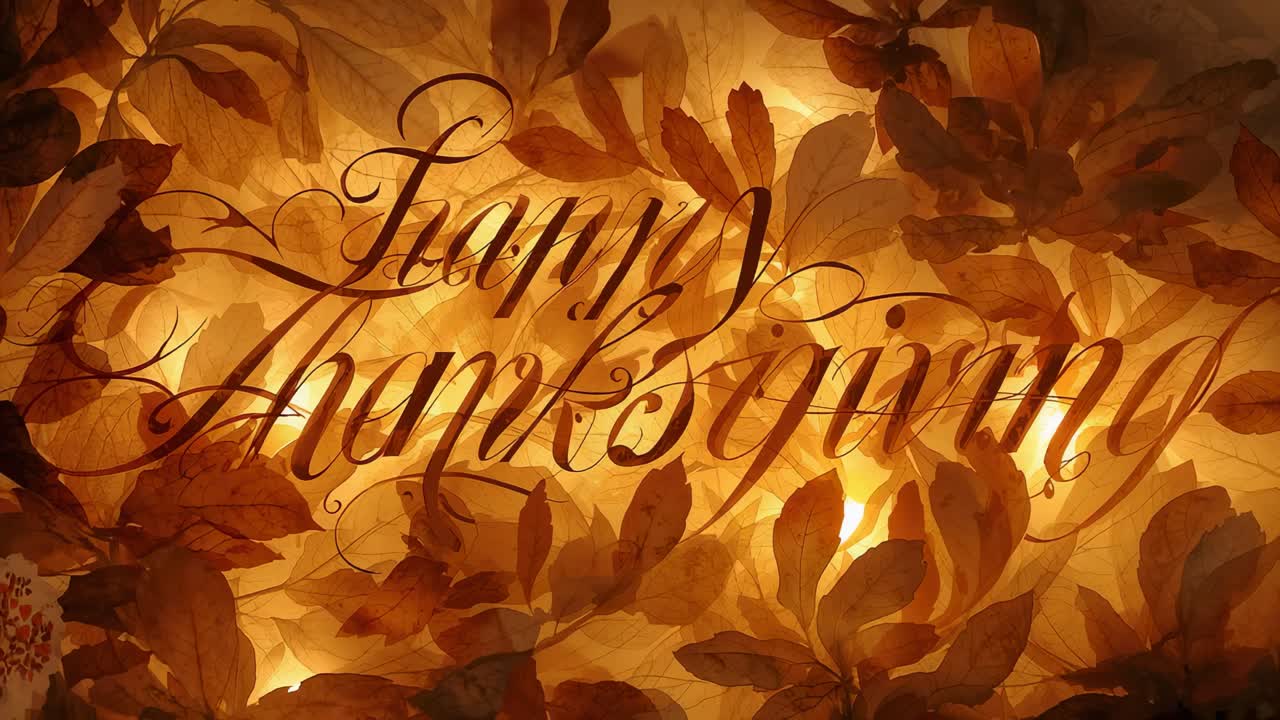 Glowing warm light, lit card pulsing with fall leaves and script Happy Thanksgiving holiday on wall