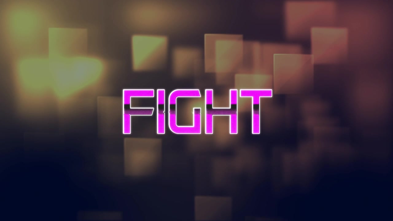 Animazione del testo "Fight" su forme quadrate luminose sull'interfaccia digitale di un videogioco.