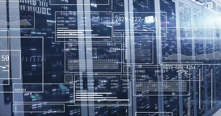 Camera panning initiating overlays emerging over server racks aligning data and forming dashboard