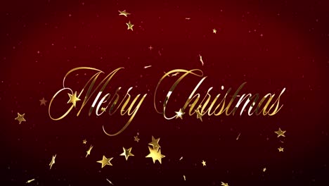 Animation-of-christmas-greetings-text-over-gold-stars-on-red-background