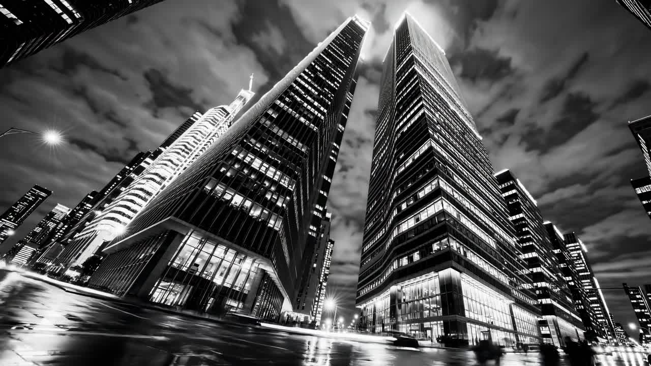 Dramatic low-angle shot of illuminated skyscrapers at night, showcasing a cinematic black-and-white