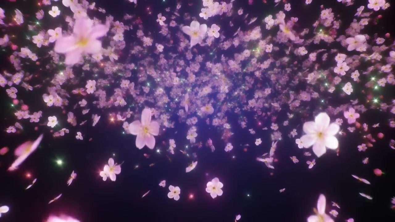 暗い背景に舞い散るピンクの桜の花びら