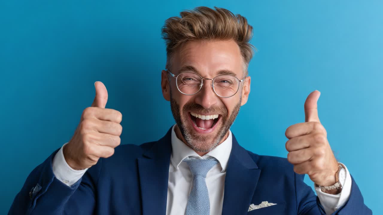 Joyful Businessman Celebrates Success with Thumbs-Up Gesture Against a Vibrant Blue Background in a Professional Setting, Radiating Positivity and Confidence