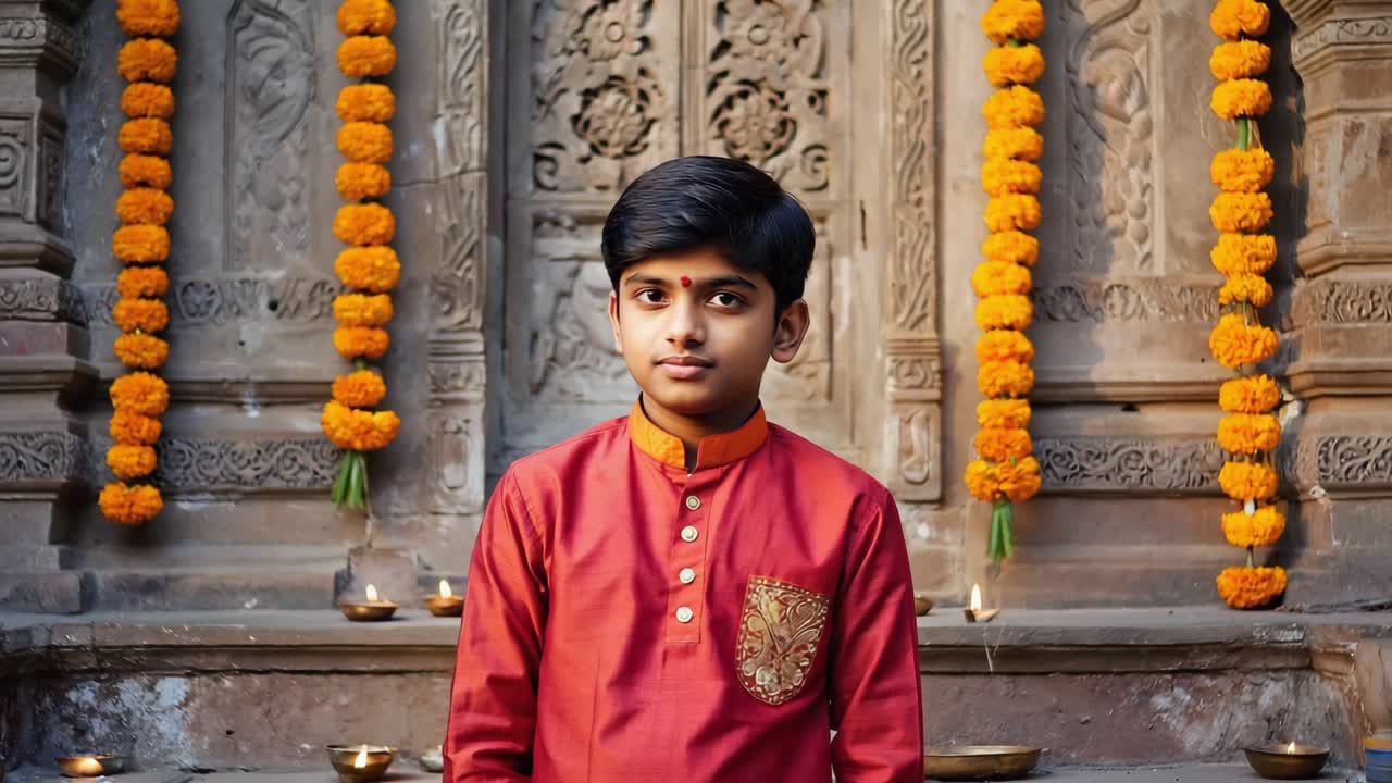 Indian boy wearing traditional kurta smiling during religious festivity, standing in front of decorated stone temple with orange garlands and oil lamps