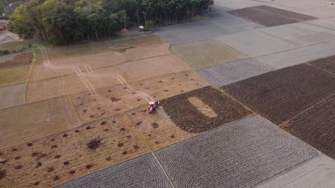 An agricultural tractor ploughing soil at large potato farm fields in evening, West Bengal rural village farmland, Drone shot