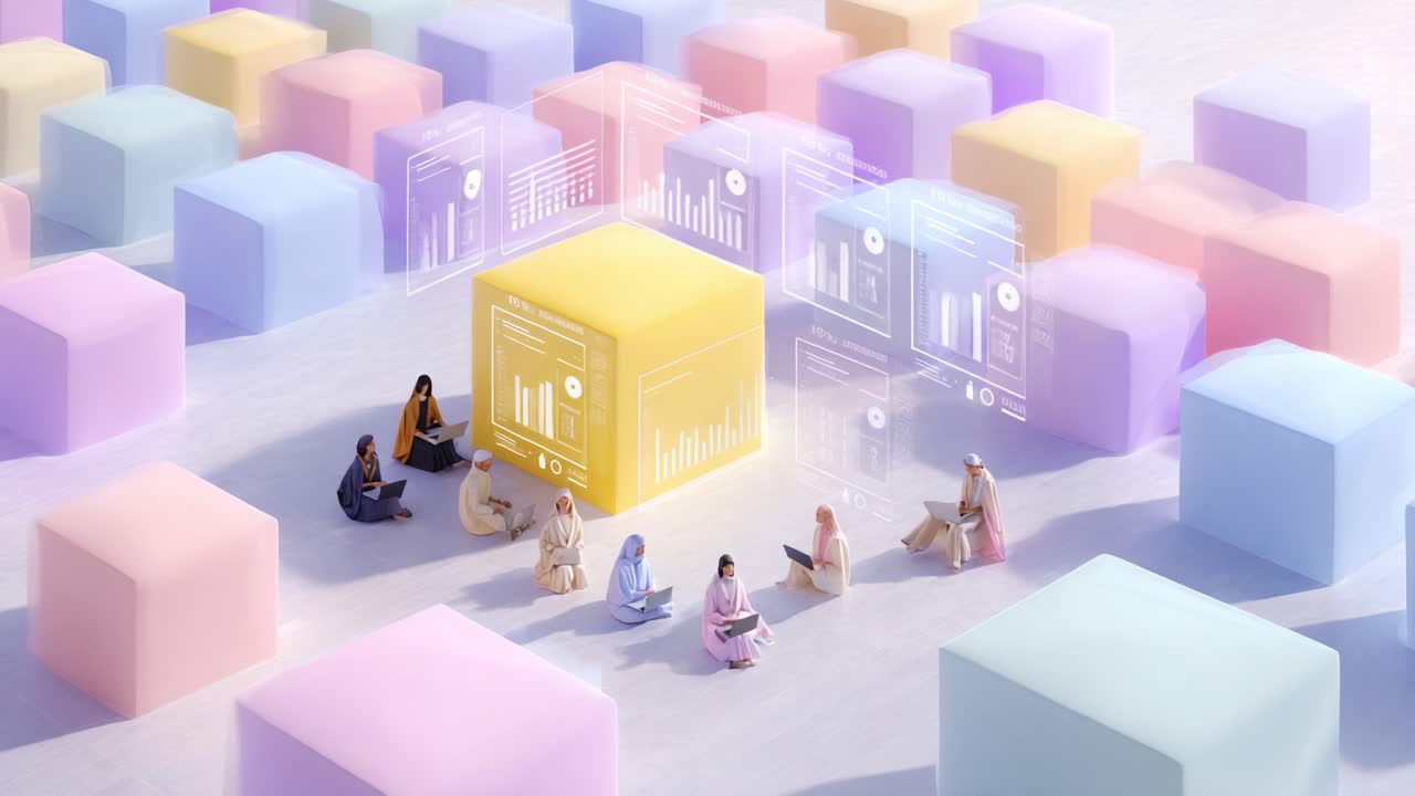 A group of individuals collaboratively analyzing data in a vibrant environment filled with colorful cubes, emphasizing teamwork and innovation through digital engagement and visual insights
