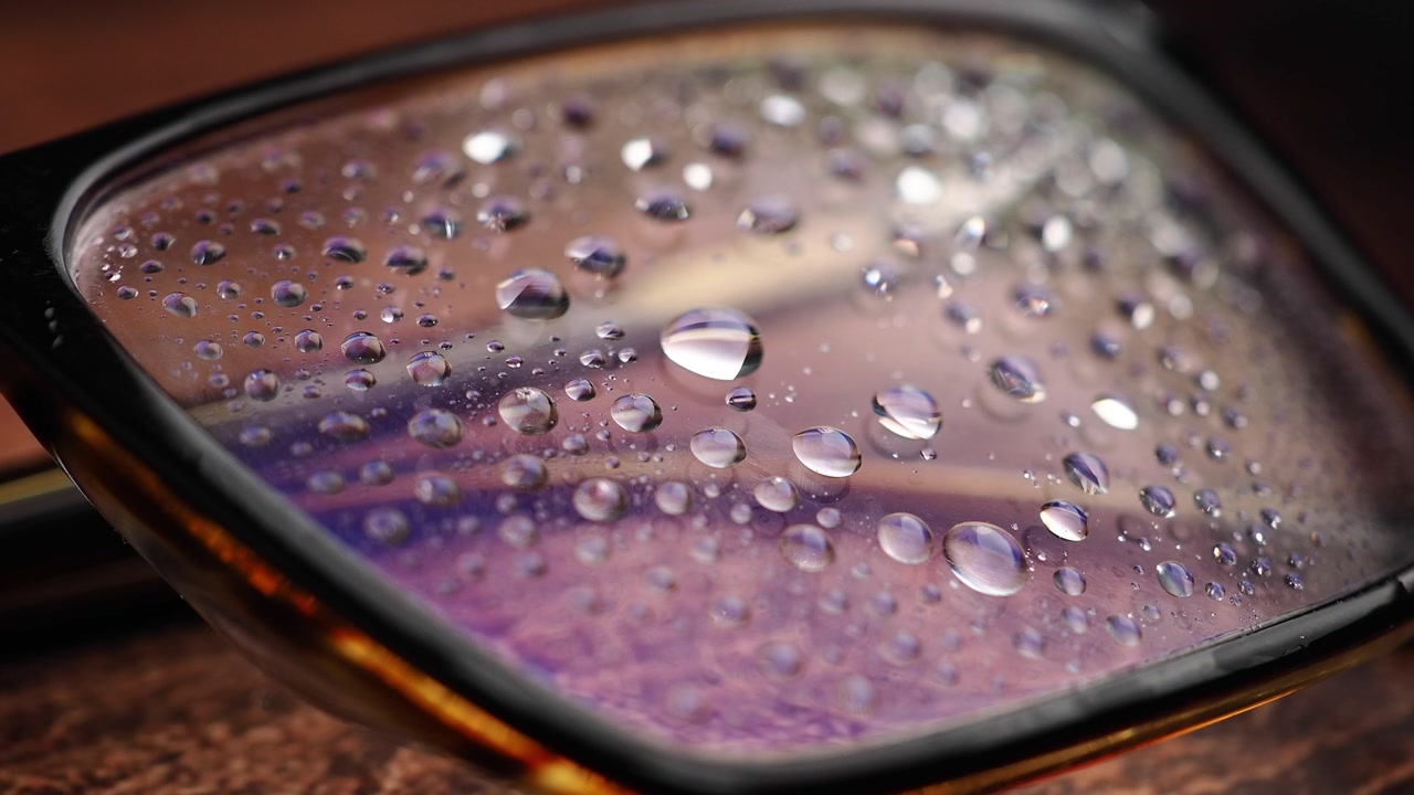 Close-up of Eyeglasses Lenses with Water Droplets