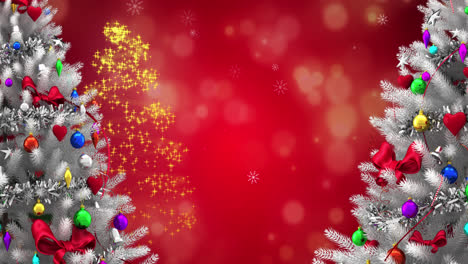 animation of snow falling over christmas trees and decorations