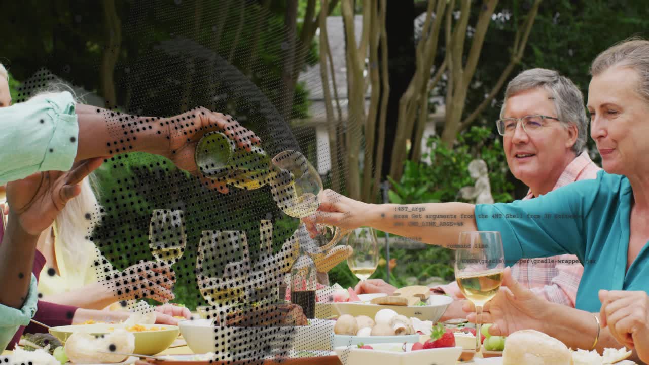 Mature man lifting bottle, pouring wine to fill glasses, dotted overlay tracking for food gathering